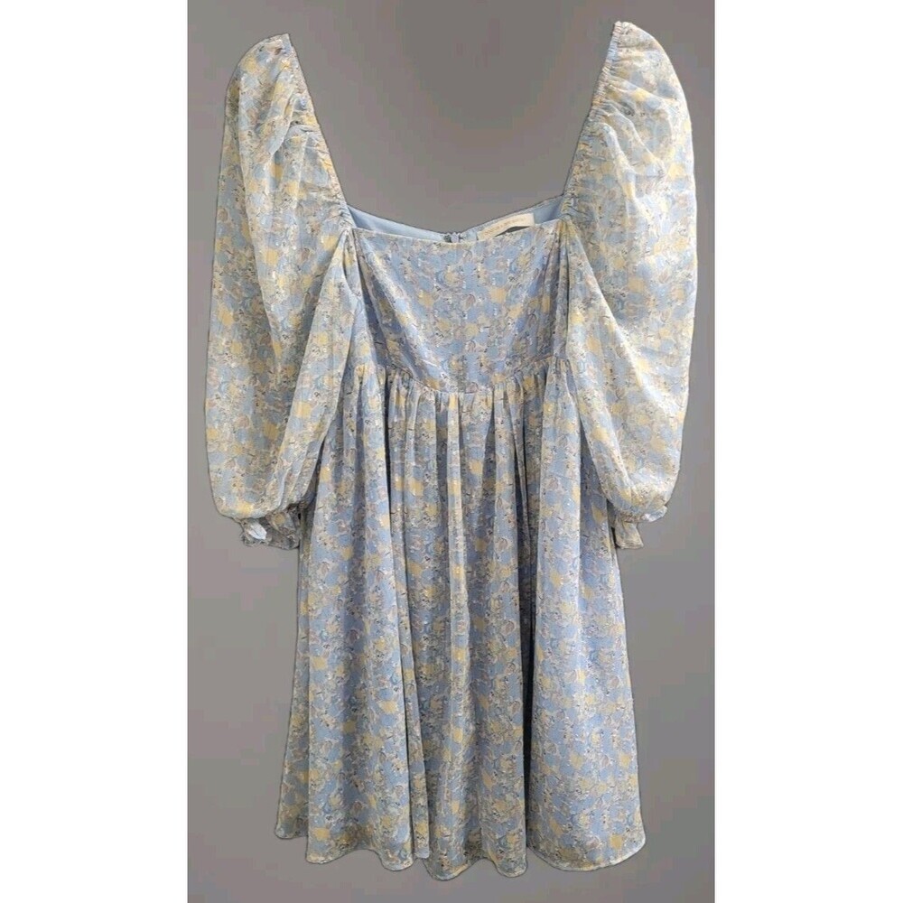 Pookie & Sebastian Blue Floral Clip Dot Babydoll Mini Dress Size Medium